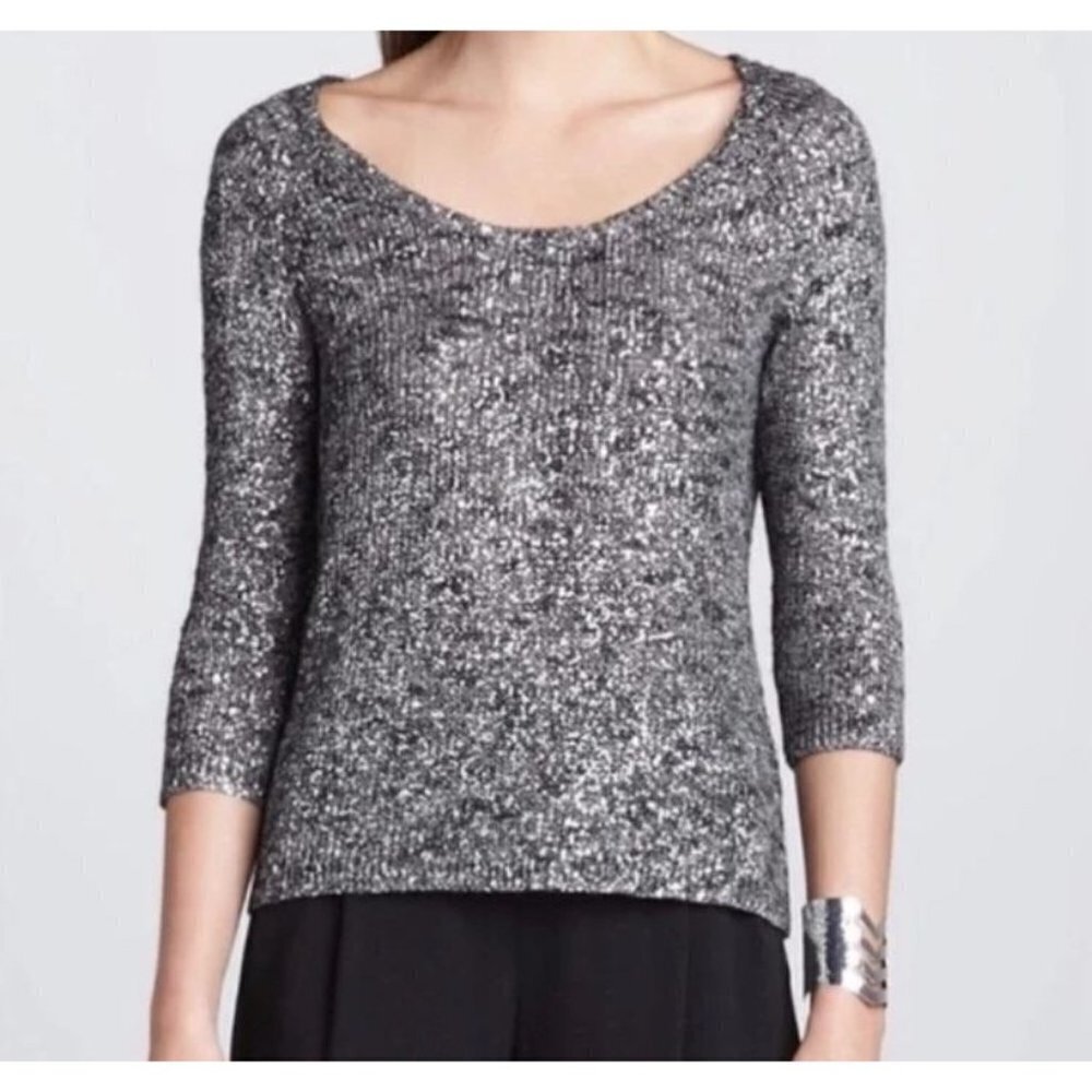 EILEEN FISHER Metallic Silver & Black Linen Blend Scoop Neck Sweater Size Medium
